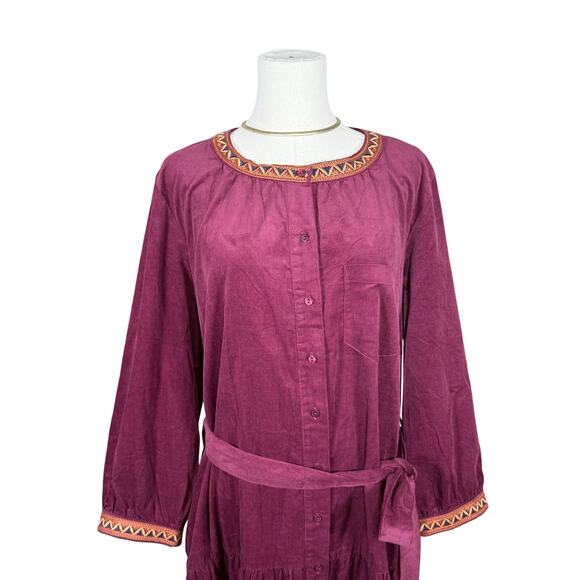 Johnny Was Corduroy Ruffle Midi Dress | Maroon Belted Coastal Cowgirl | NWT | L - Picture 5 of 14
